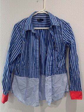 Striped Button-Up Shirt with Red Cuff Accent